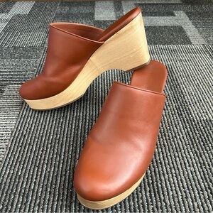 Everlane The Clog Cognac Leather Platform Clogs Wedge Heel Mules Shoes Sz 10